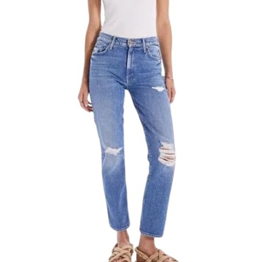 MOTHER The Insider Ankle Jeans Bloom and Doom Distressed Straight Crop Denim, 26